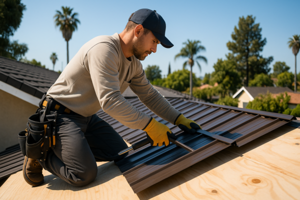 A professional roofer installing a metal roof panel on a residential home in a sunny California neighborhood