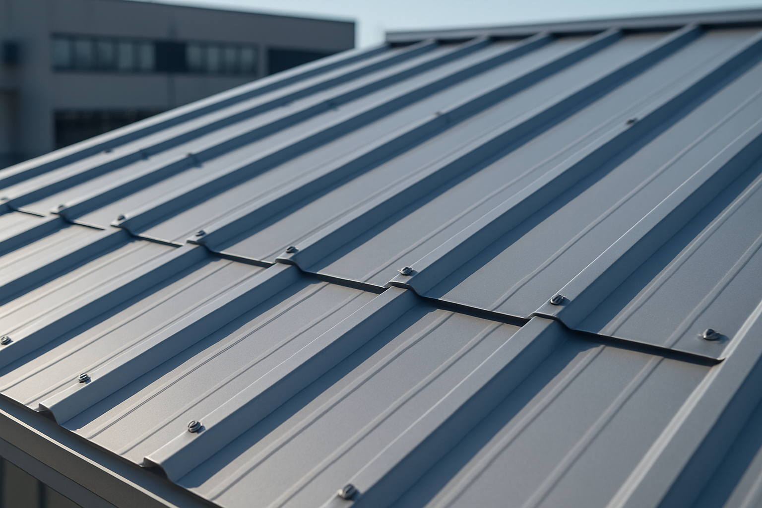 Close-up of a metal roof with a clear view of overlapping panels and fasteners in a commercial setting
