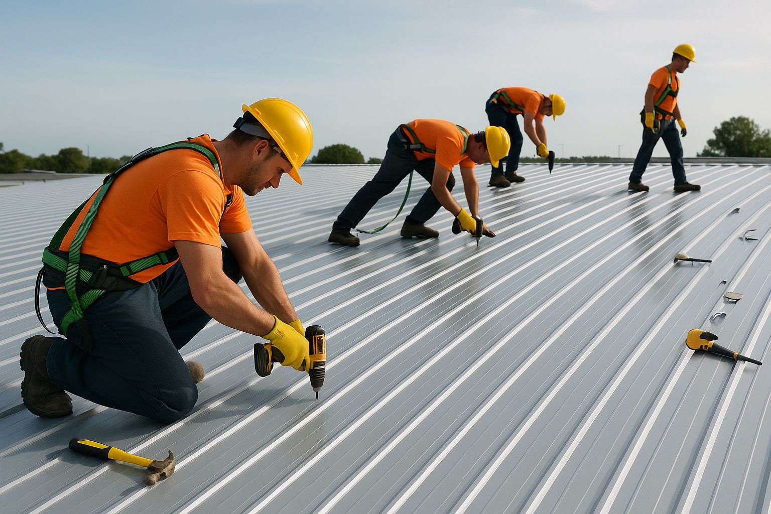 A team of roofers working on a large commercial metal roof installation with tools and safety gear visible