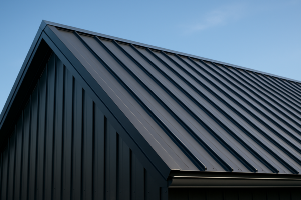Close-up of a modern metal roof with a clear sky in the background, demonstrating the sleek and durable appearance of metal roofing