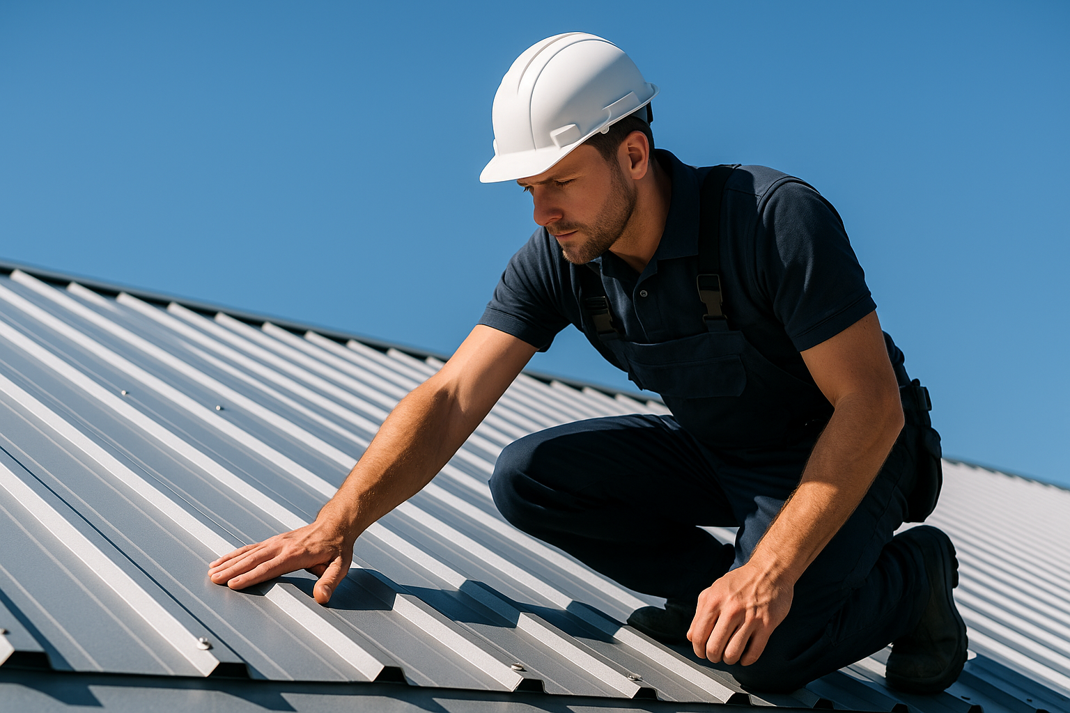 A professional roofer inspecting a metal roof under a clear blue sky, demonstrating the importance of regular maintenance in ensuring longevity