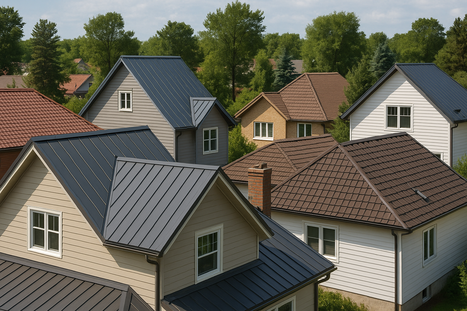A panoramic view of a residential area with various homes showcasing different styles of metal roofing, highlighting the aesthetic diversity and appeal of metal roofs