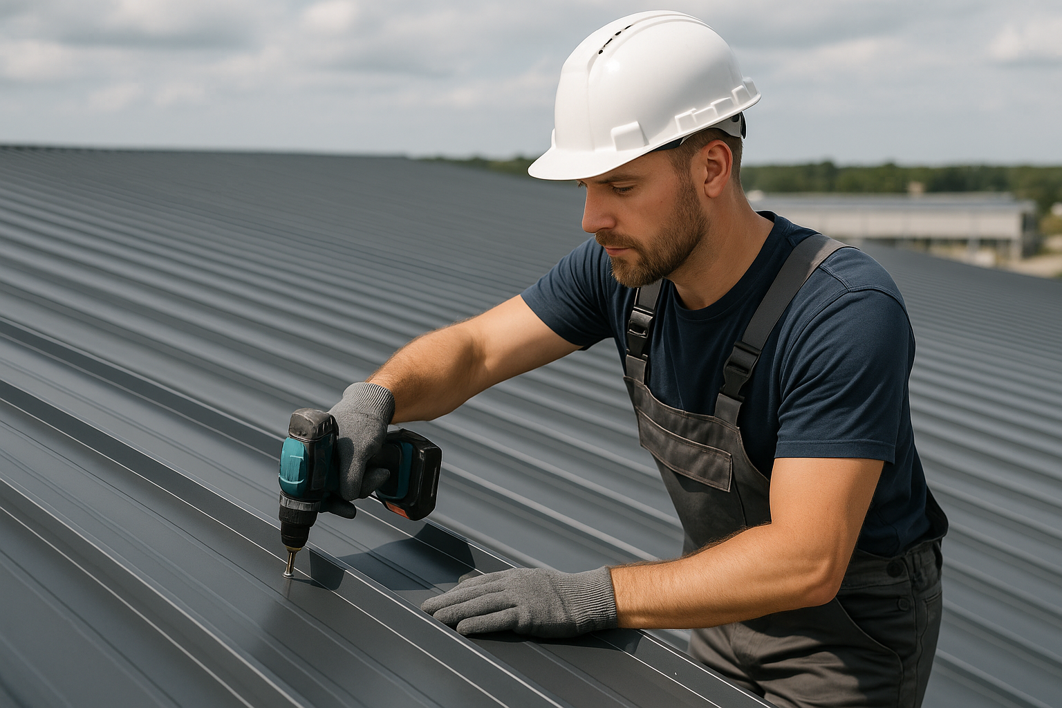 Close-up of a professional roofer installing a metal roof panel on a large commercial building