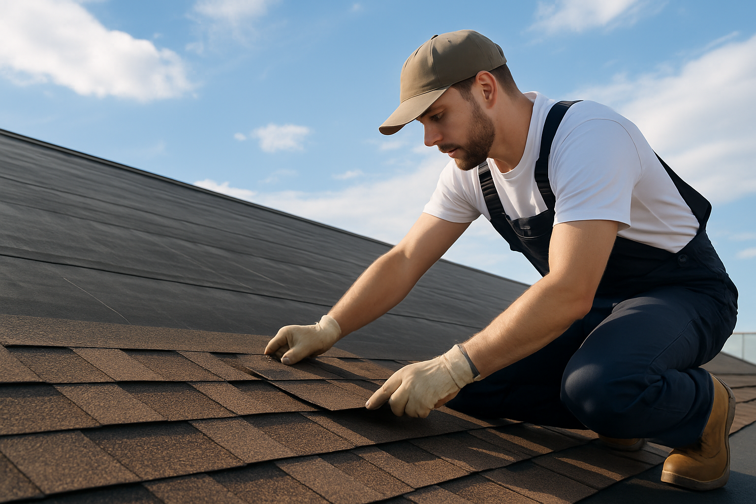 Roofer laying asphalt shingles on a sloped commercial roof under a bright sky