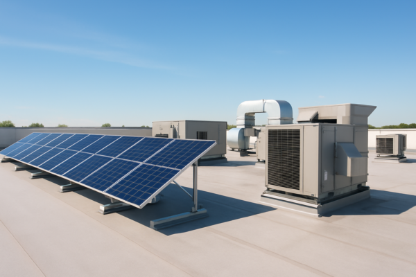 A commercial building rooftop with solar panels and HVAC units under a clear blue sky