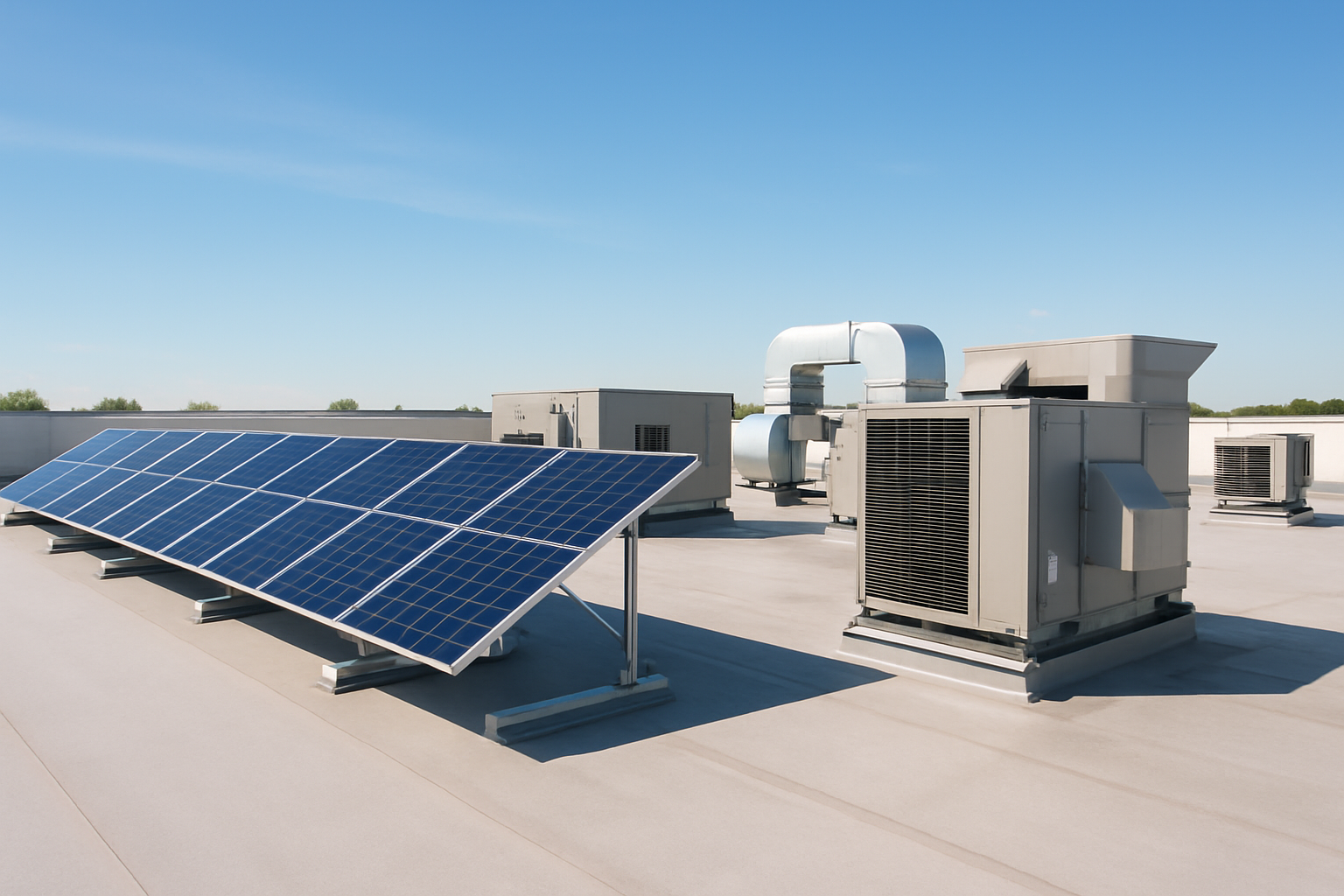 A commercial building rooftop with solar panels and HVAC units under a clear blue sky