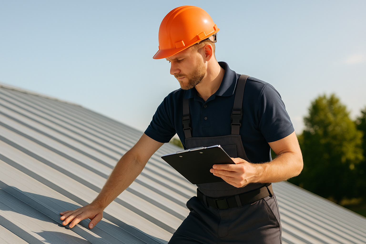 A professional roofer inspecting a metal roof with a clipboard during a sunny day
