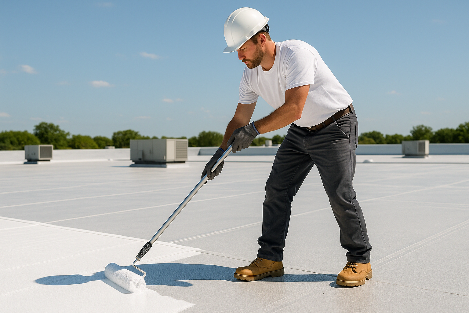 A roofer applying a UV-reflective coating on a flat commercial roof under bright sunlight