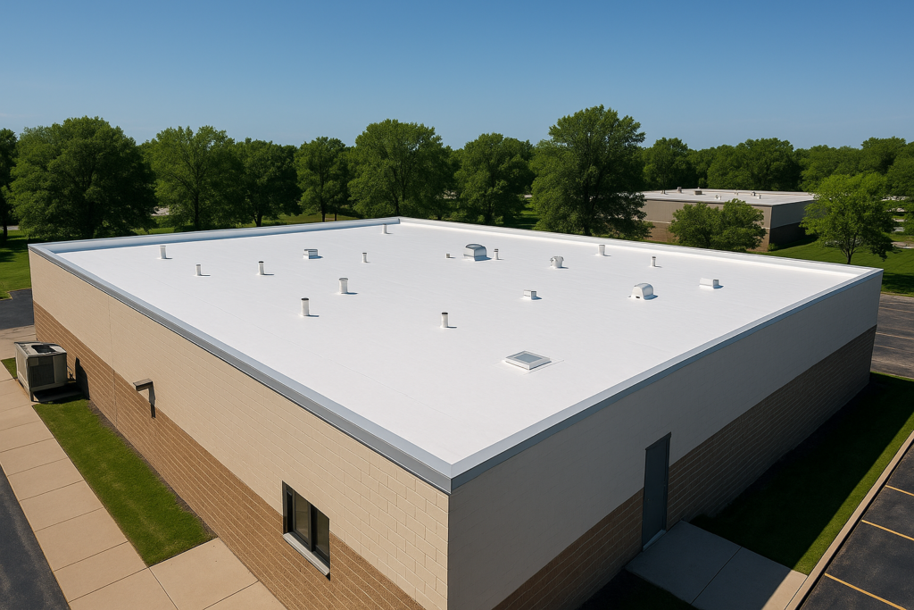 An aerial view of a commercial building with a newly installed flat roof on a clear day