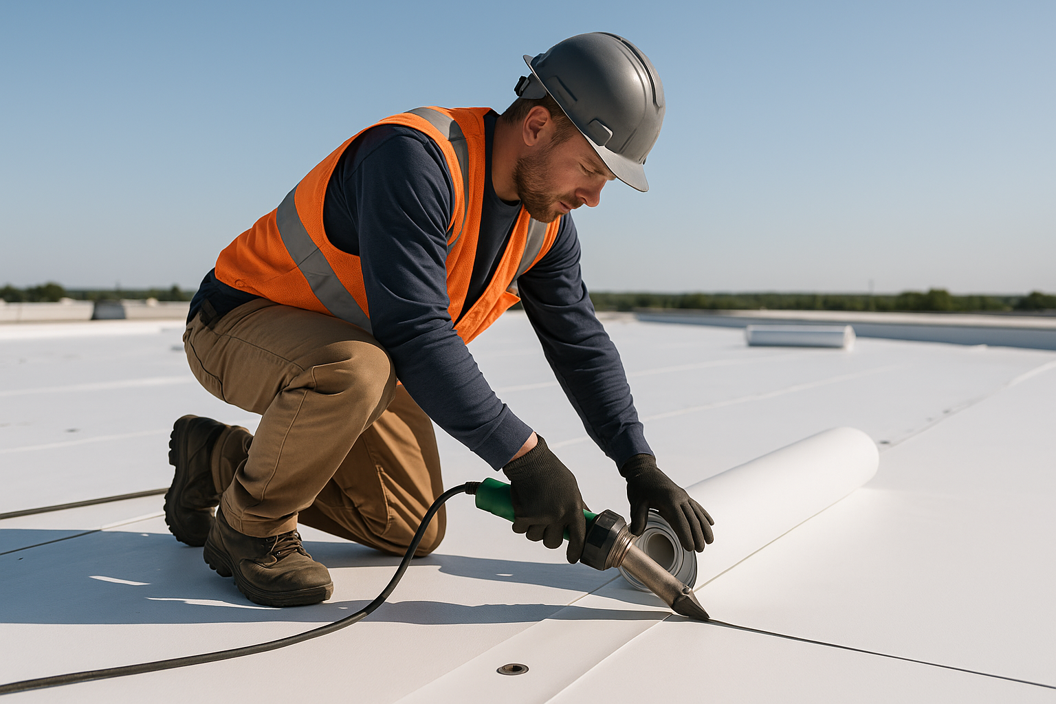 A professional roofer installing layers of TPO roofing on a large commercial building under a clear sky