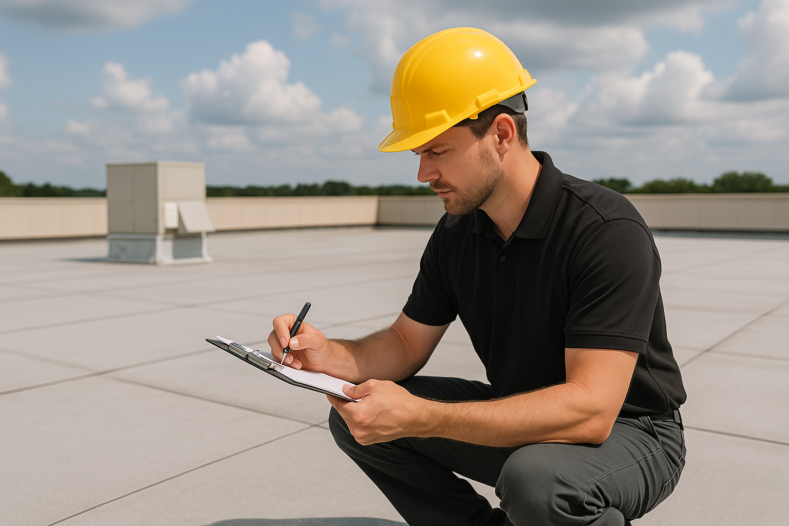 A maintenance technician inspecting a flat commercial roof with a clipboard under a partly cloudy sky