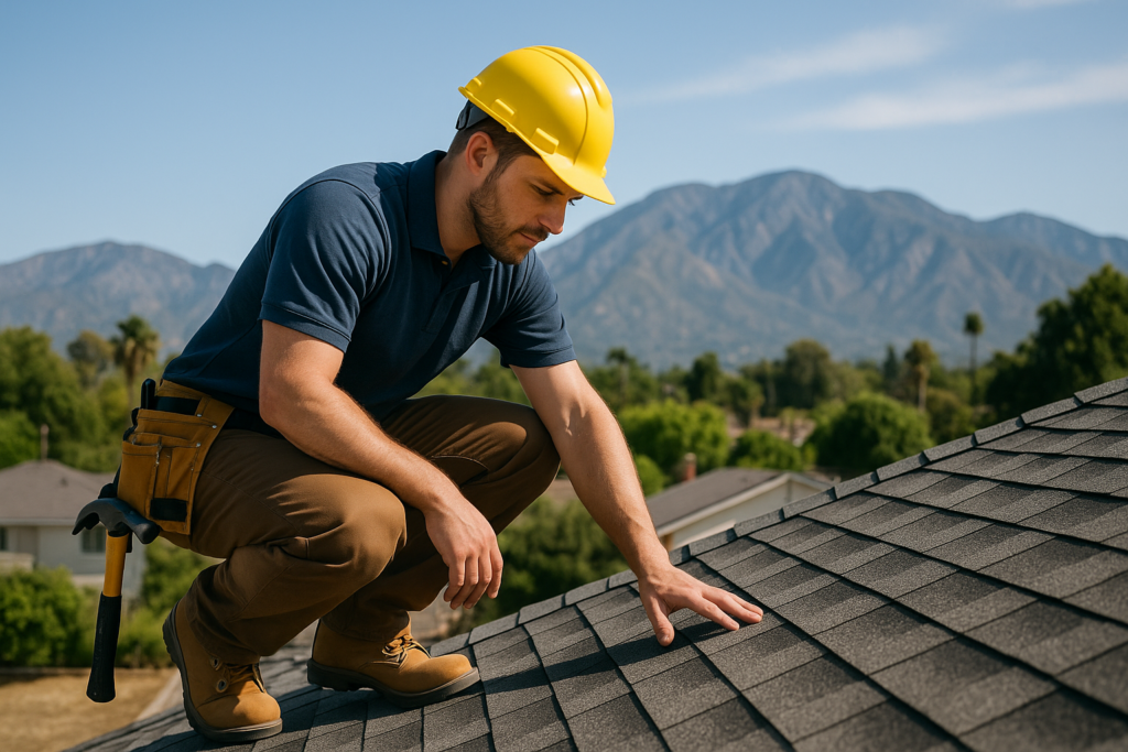 A professional roofer inspecting a residential roof with the San Gabriel Mountains in the background on a sunny day