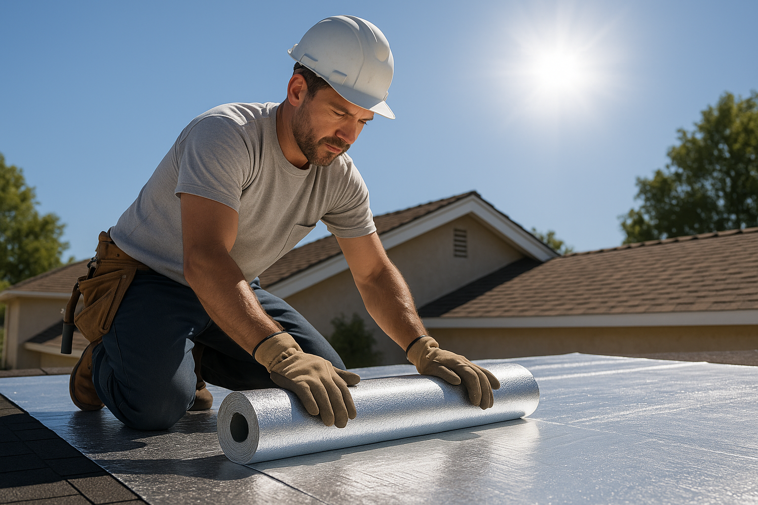 Roofer installing reflective cool roofing materials on a residential roof under the bright California sun