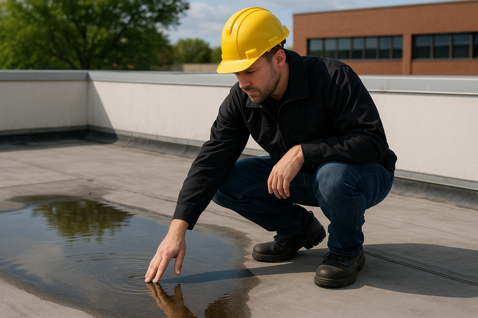 Roofer inspecting a flat roof with a water pooling issue on a commercial building