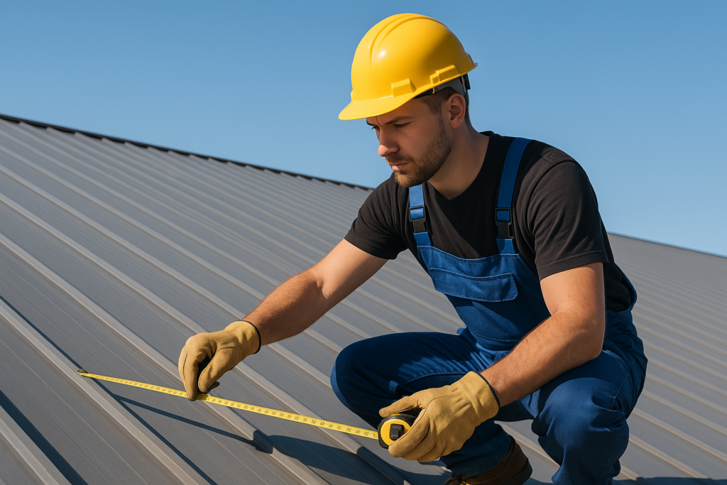 A professional roofer measuring a large commercial roof with a tape measure under a clear blue sky