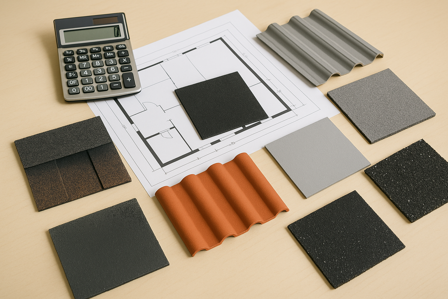 Various commercial roofing material samples laid out on a table with a construction plan and a calculator