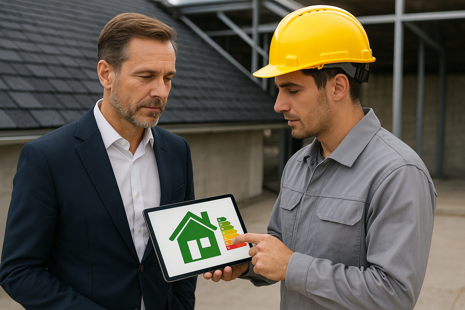 A business owner and a roofing consultant reviewing energy efficiency plans on a tablet at a construction site