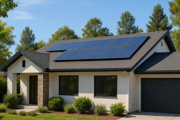 A modern Californian house with solar panels integrated into the roof, surrounded by lush greenery on a sunny day