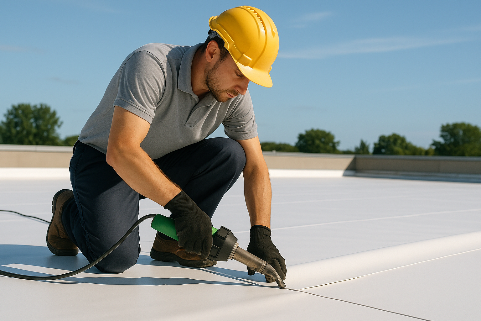 A professional roofer installing TPO membrane on a flat commercial roof on a sunny day