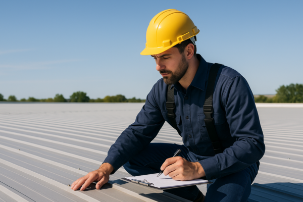 A professional roofer inspecting a large commercial roof with a clipboard on a clear day