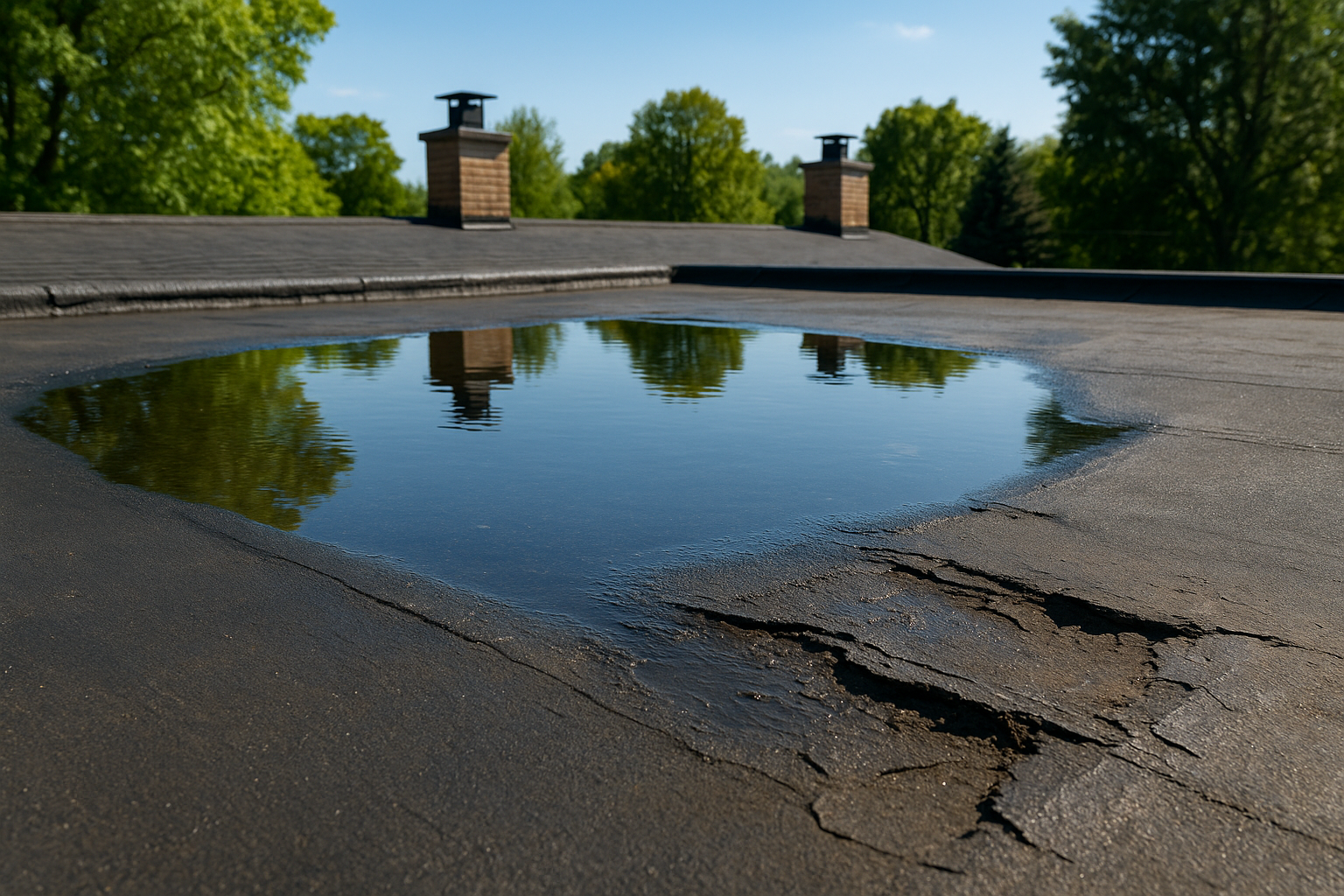 Close-up of a roof with ponding water and slight damage on a sunny day