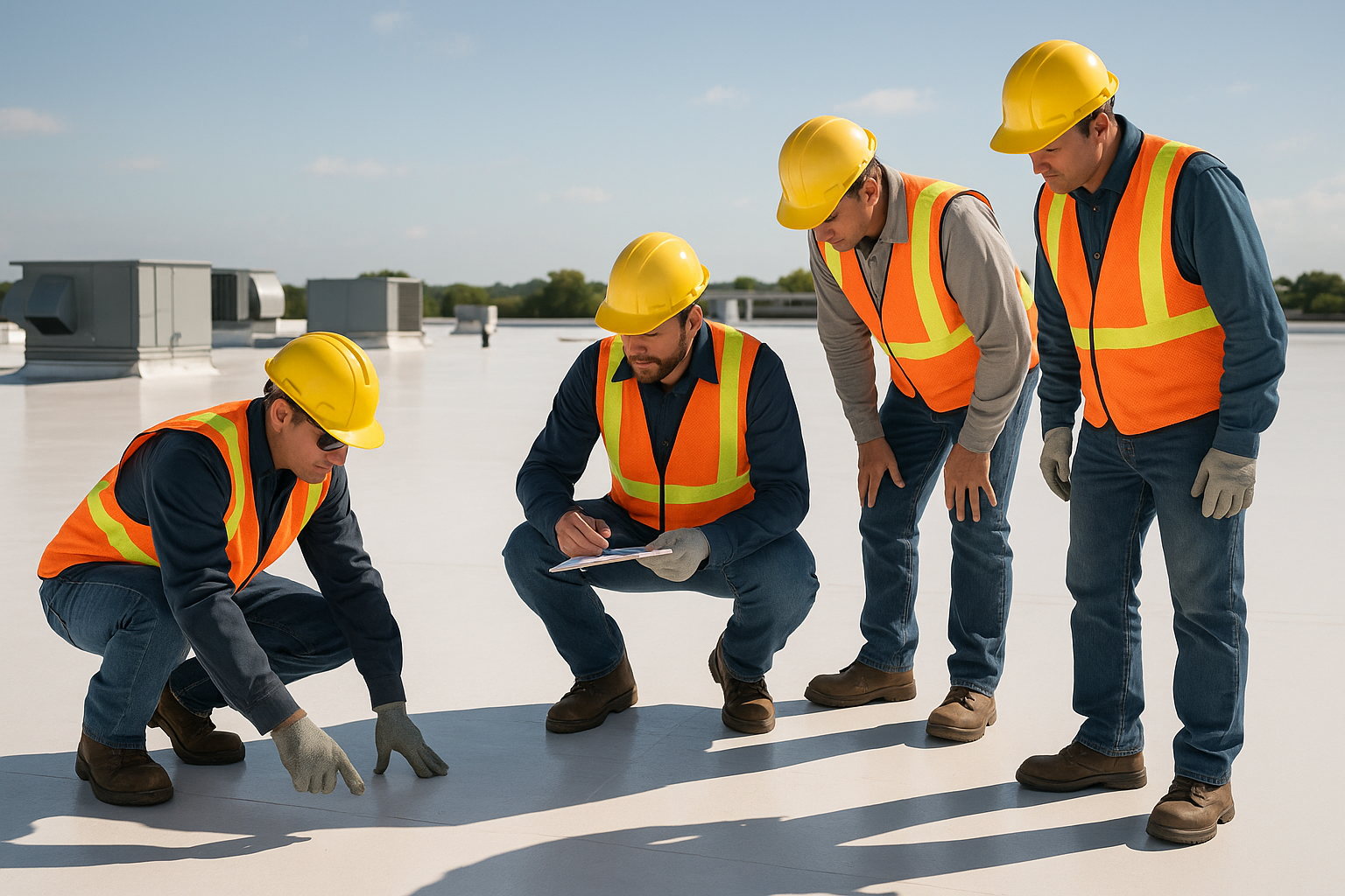 A team of roofers with safety gear conducting an inspection on a large commercial flat roof