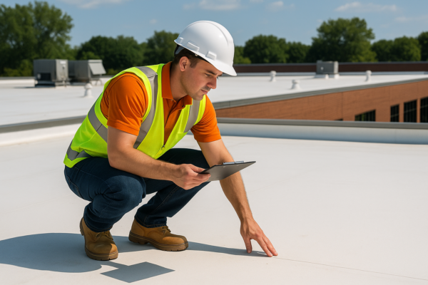 A commercial building with a flat roof being inspected by a professional roofer on a sunny day