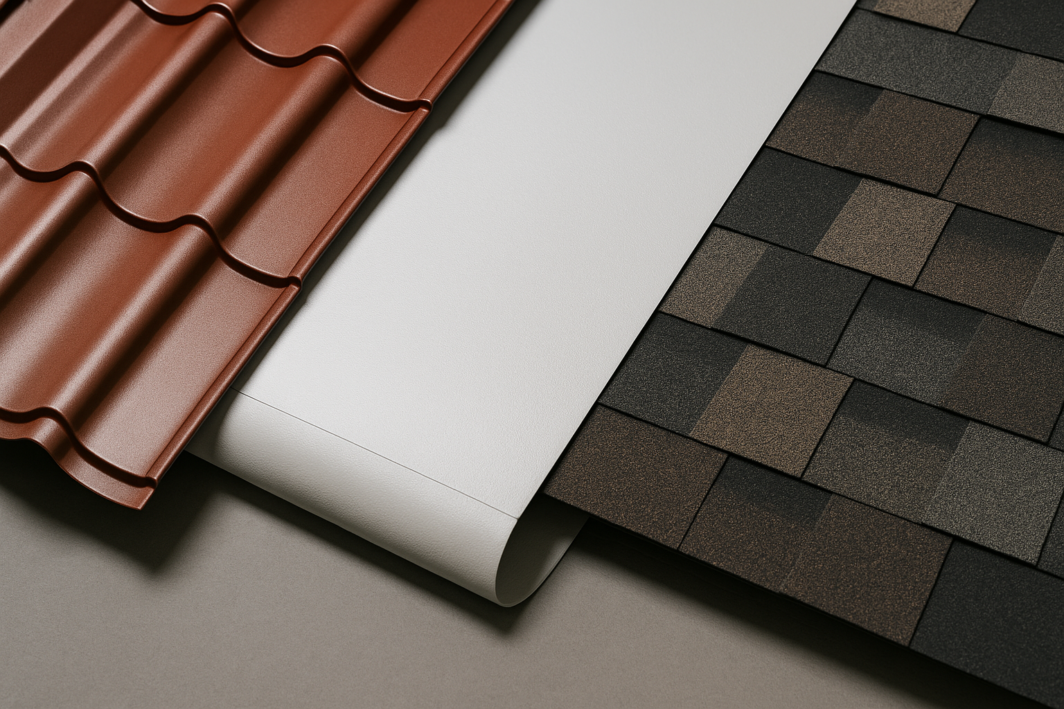 A close-up of different roofing materials, including metal panels, TPO, and asphalt shingles, displayed side by side