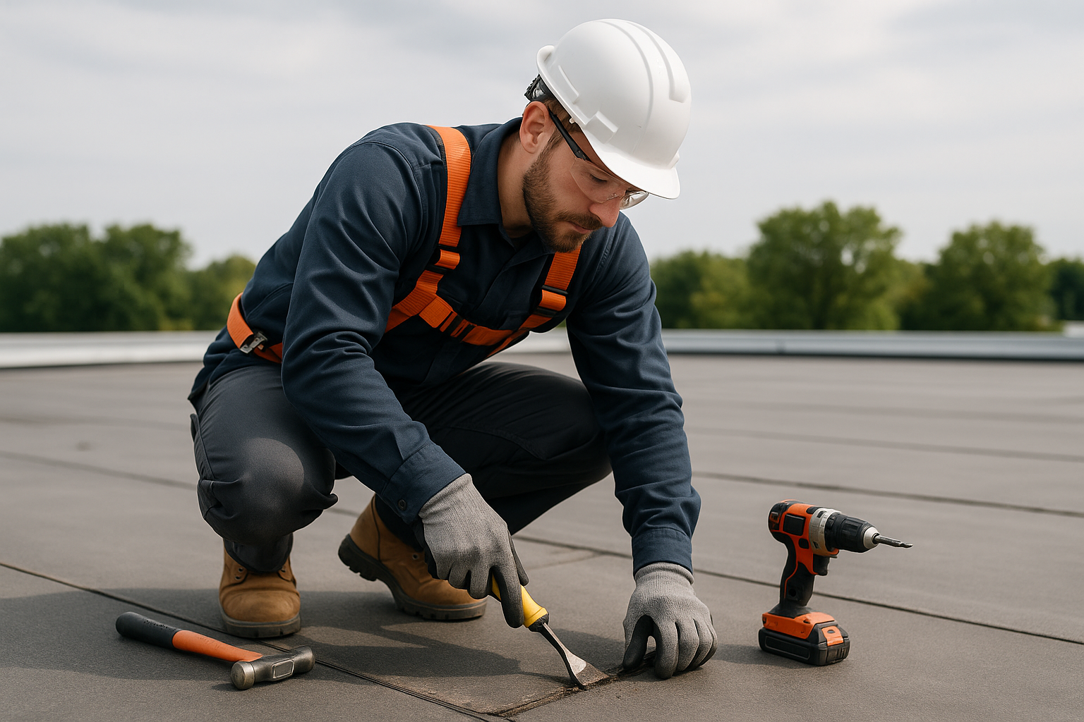 A professional roofer performing maintenance on a flat commercial roof with tools and safety gear