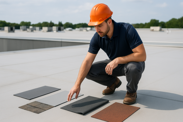 A professional roofer evaluating a large commercial roof with various roofing materials laid out for comparison