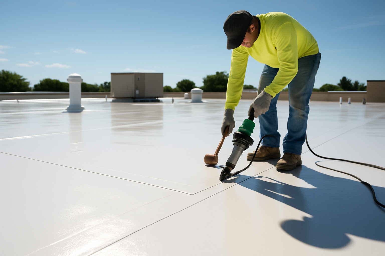 A close-up of TPO roofing installation on a sunny commercial building, showcasing the reflective surface