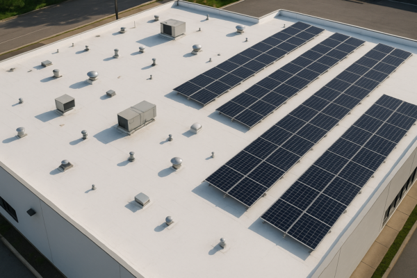 Aerial view of a large commercial building with a flat white roofing membrane, showing ventilation units and solar panels