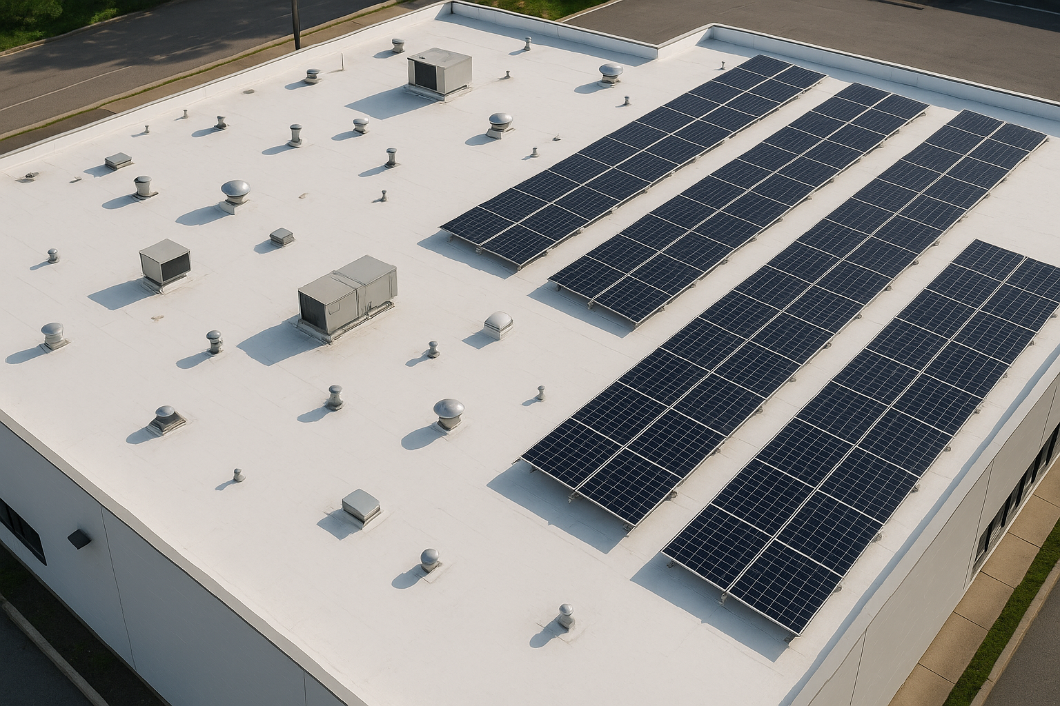 Aerial view of a large commercial building with a flat white roofing membrane, showing ventilation units and solar panels