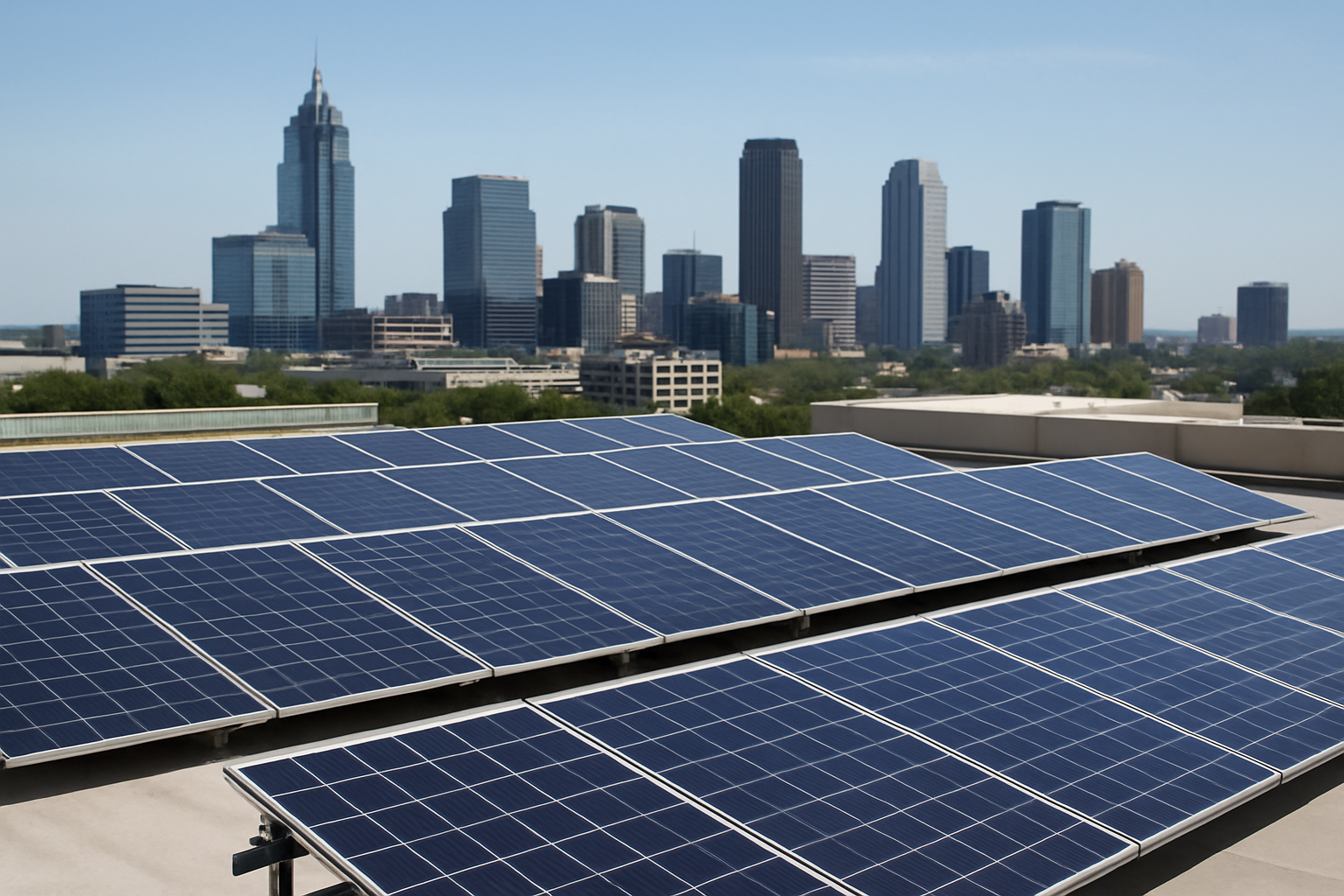 Rooftop solar panels installed on a commercial building, with a city skyline in the background