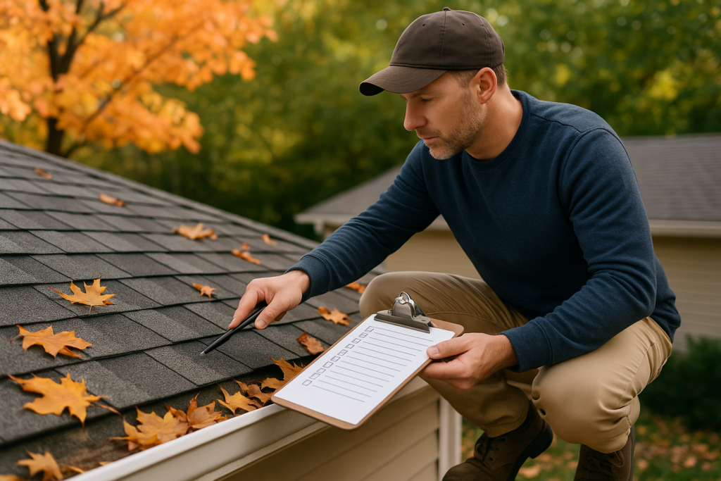 A homeowner inspecting roof shingles with a checklist in hand, surrounded by fall leaves