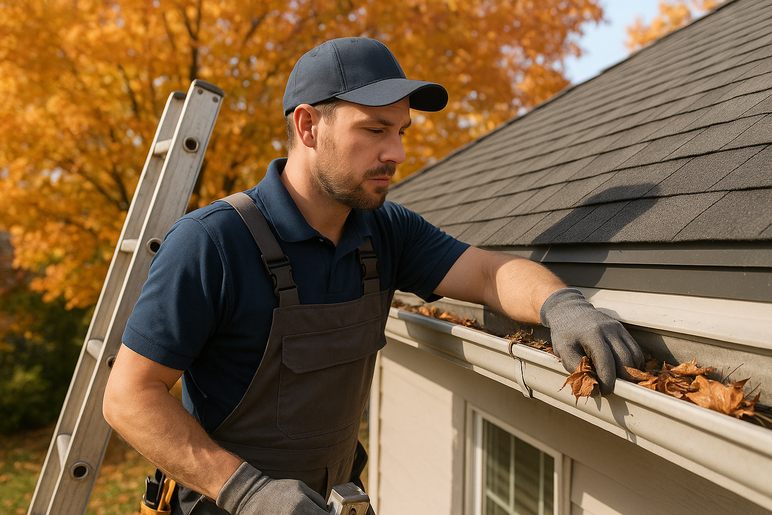 A professional roofer cleaning gutters on a residential home surrounded by fall foliage