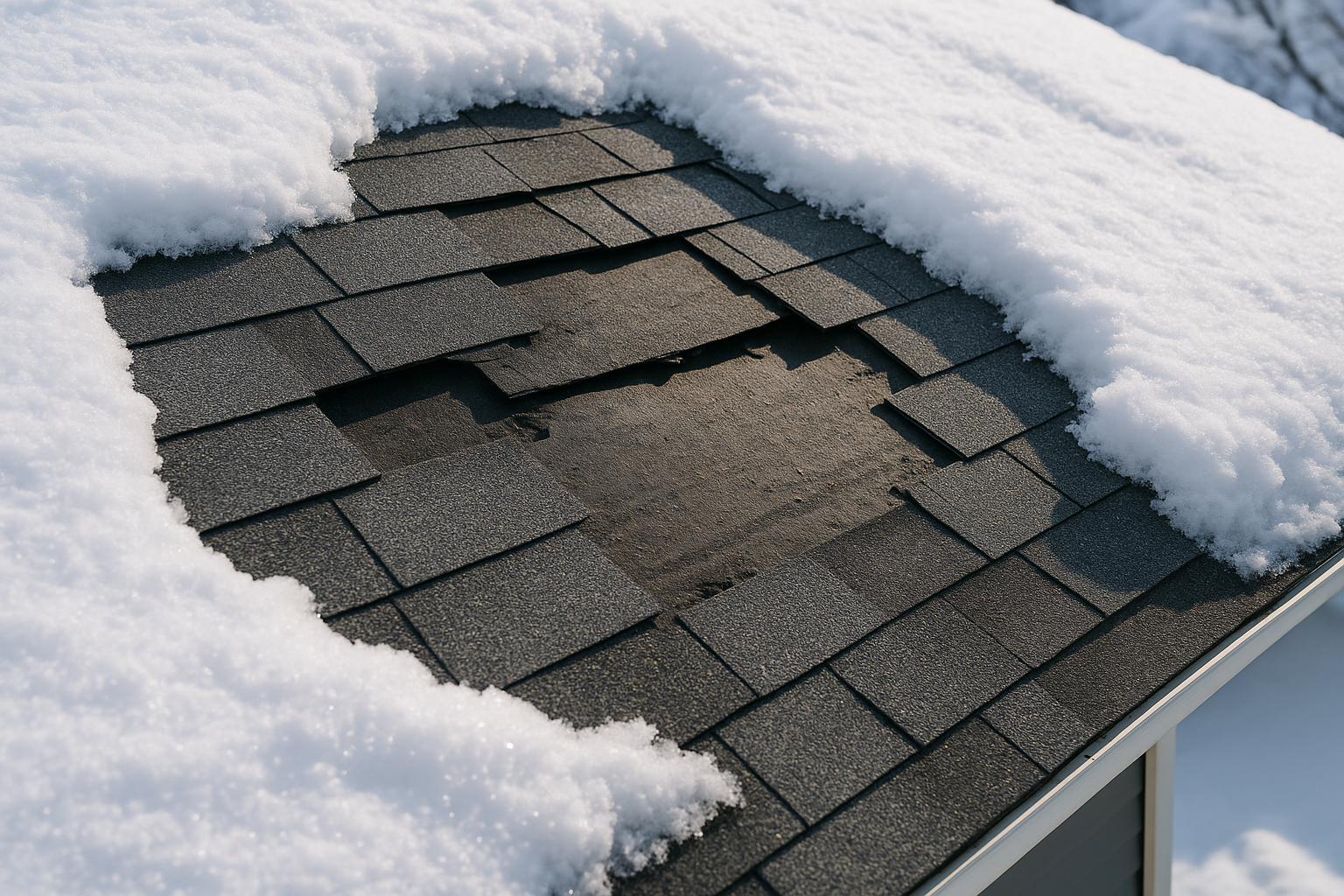 Close-up of a roof with missing shingles, revealing the underlayment after a winter storm