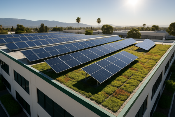 Aerial view of a large commercial building with a green roof featuring solar panels and vegetation, under the California sun