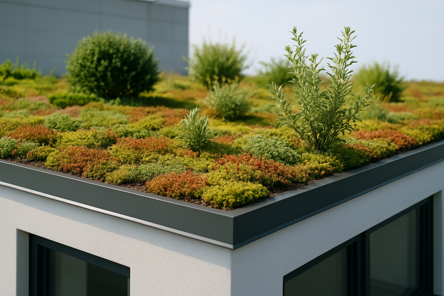 Close-up of a green roof on a commercial building with a variety of plants and small shrubs, showcasing the lush greenery and the building's rooftop edge