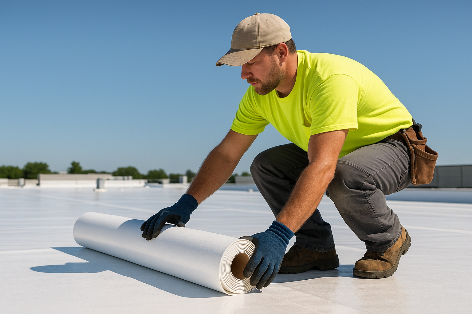 Roofer installing reflective white roofing material on a flat commercial roof, with clear blue sky in the background