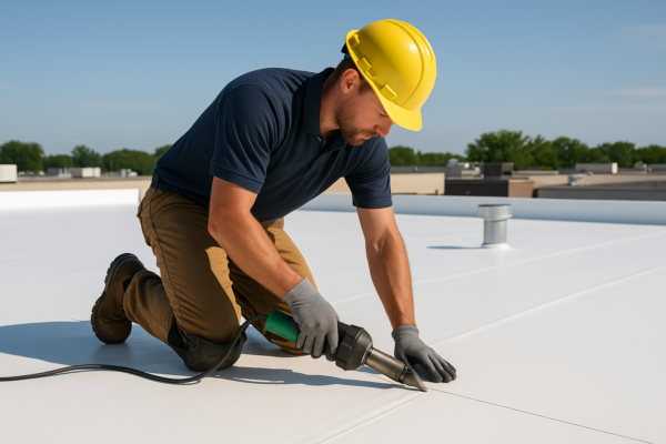 A professional roofer installing TPO membrane on a flat commercial roof on a sunny day