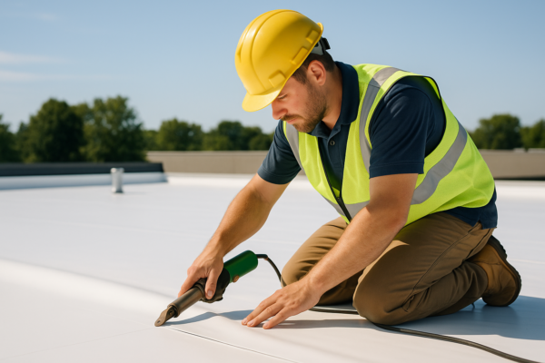 A professional roofer installing TPO membrane on a flat commercial roof on a sunny day