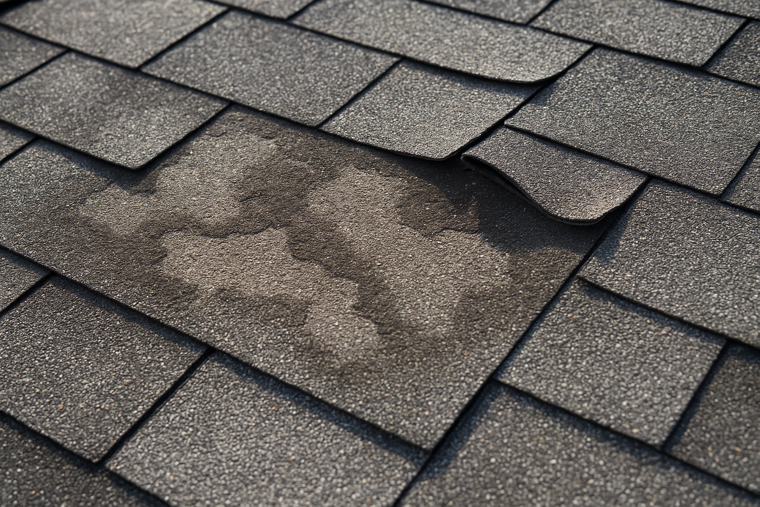 Close-up of damaged asphalt shingles with visible water staining and curling edges