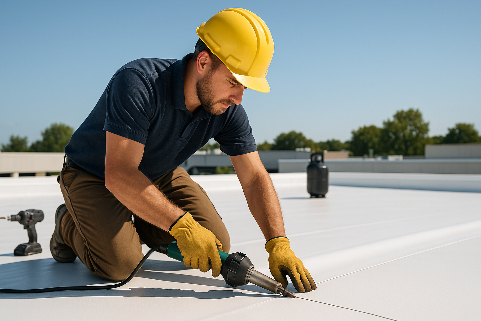 A professional roofer installing TPO membrane on a flat commercial roof on a sunny day