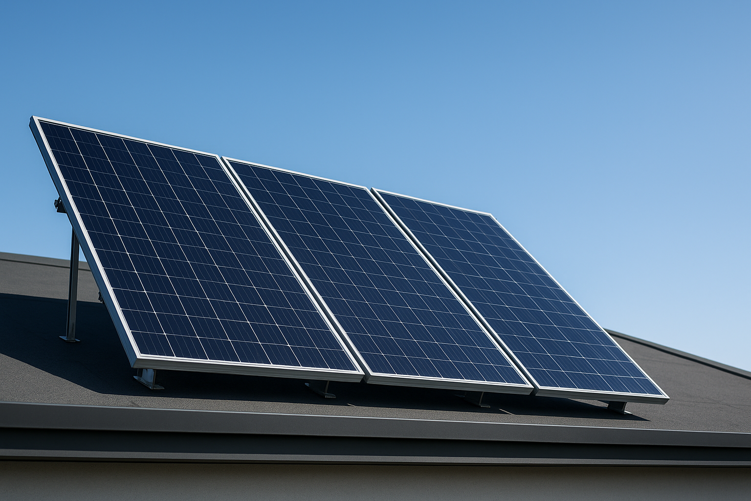 Close-up of a modern flat roof with solar panels installed, set against a clear blue sky