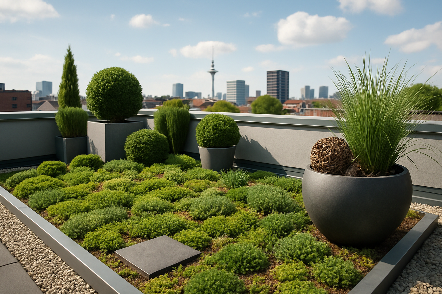 Rooftop garden on a flat roof, with lush green plants and decorative elements, set against an urban skyline