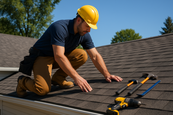 A professional roofer inspecting a residential roof with various tools on a bright sunny day