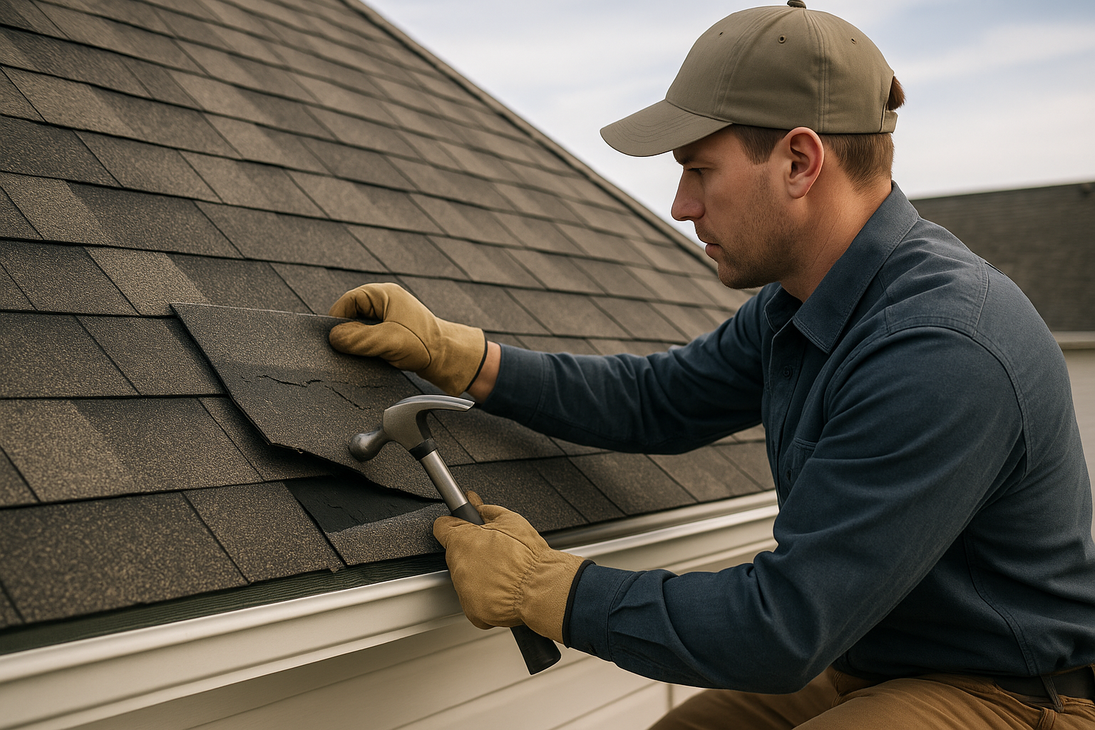 A close-up of a roofer replacing damaged asphalt shingles on a residential roof