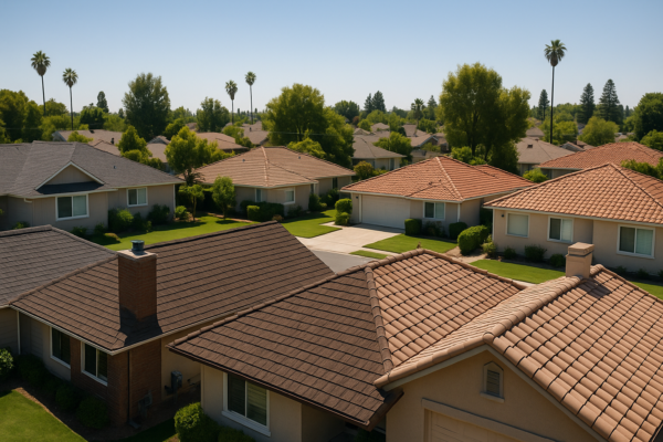 Aerial view of a suburban neighborhood with newly installed roofs in various materials under the California sun