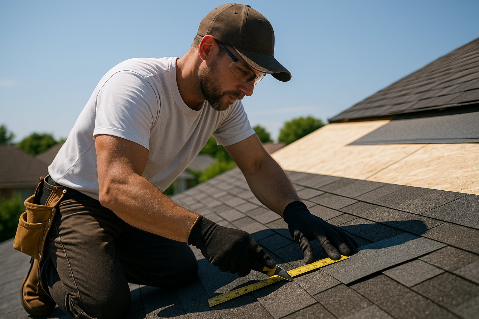 Professional roofer measuring and cutting roofing materials on-site during a sunny day